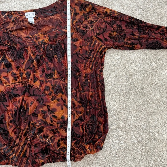 Chico's Brown Burnout Velvet Blouse Long Sleeves Drawstring Hem Size 2/Large - Picture 10 of 10